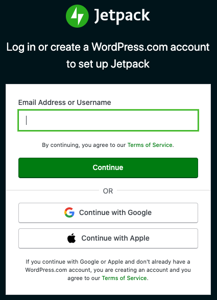 Setting up Jetpack Security by logging in through the WordPress account