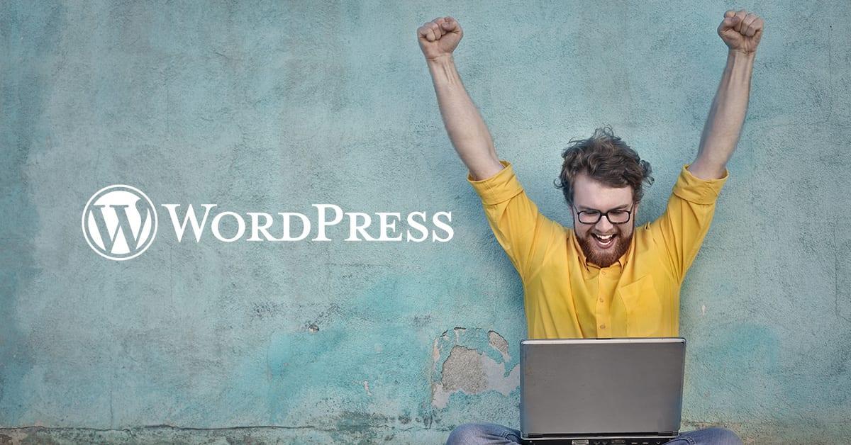 Happy man using WordPress for his website.