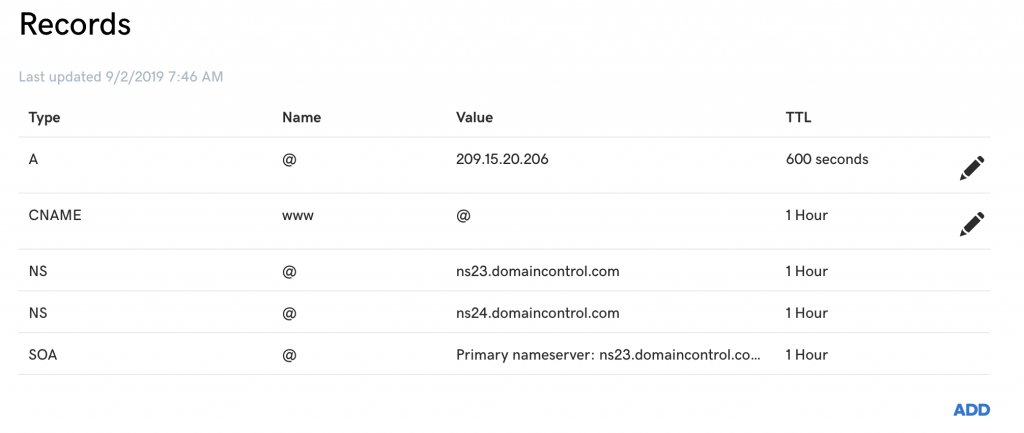 Example of DNS records.