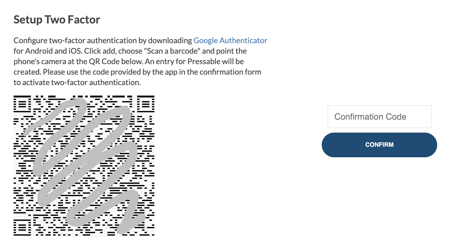 A prompt asking for a confirmation code to set up two-factor authentication