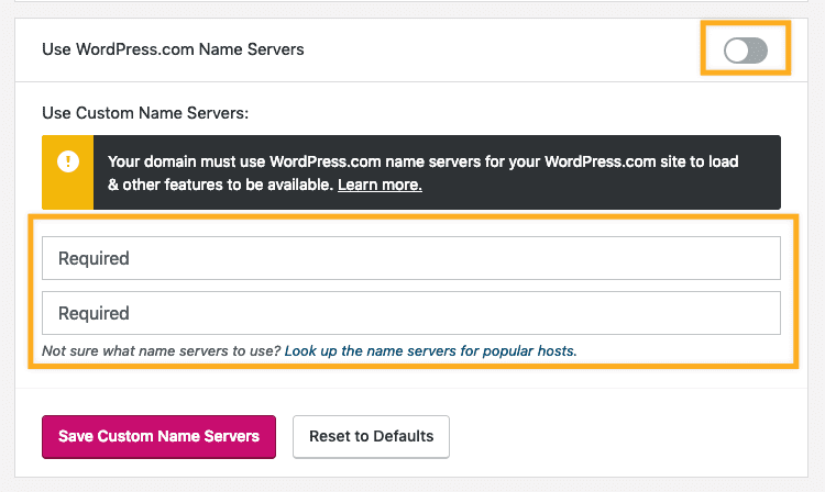 Saving your custom WordPress.com name servers information.
