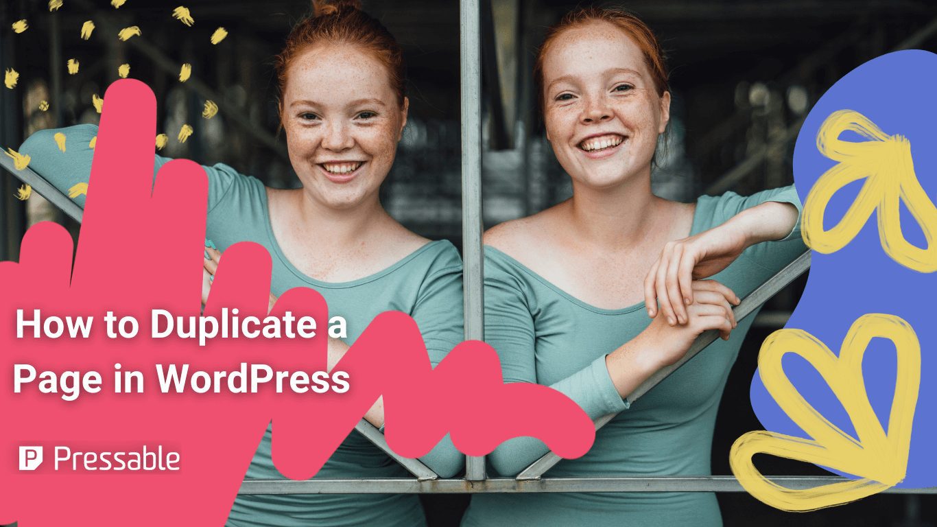 Red head identical female twins smiling representing duplicate page in WordPress