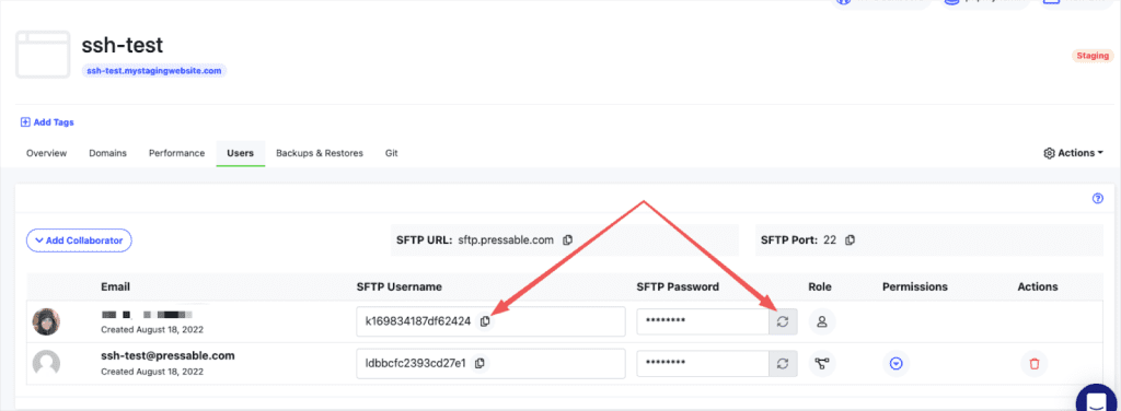 Screenshot showing how to obtain SFTP credentials in the Pressable dashboard