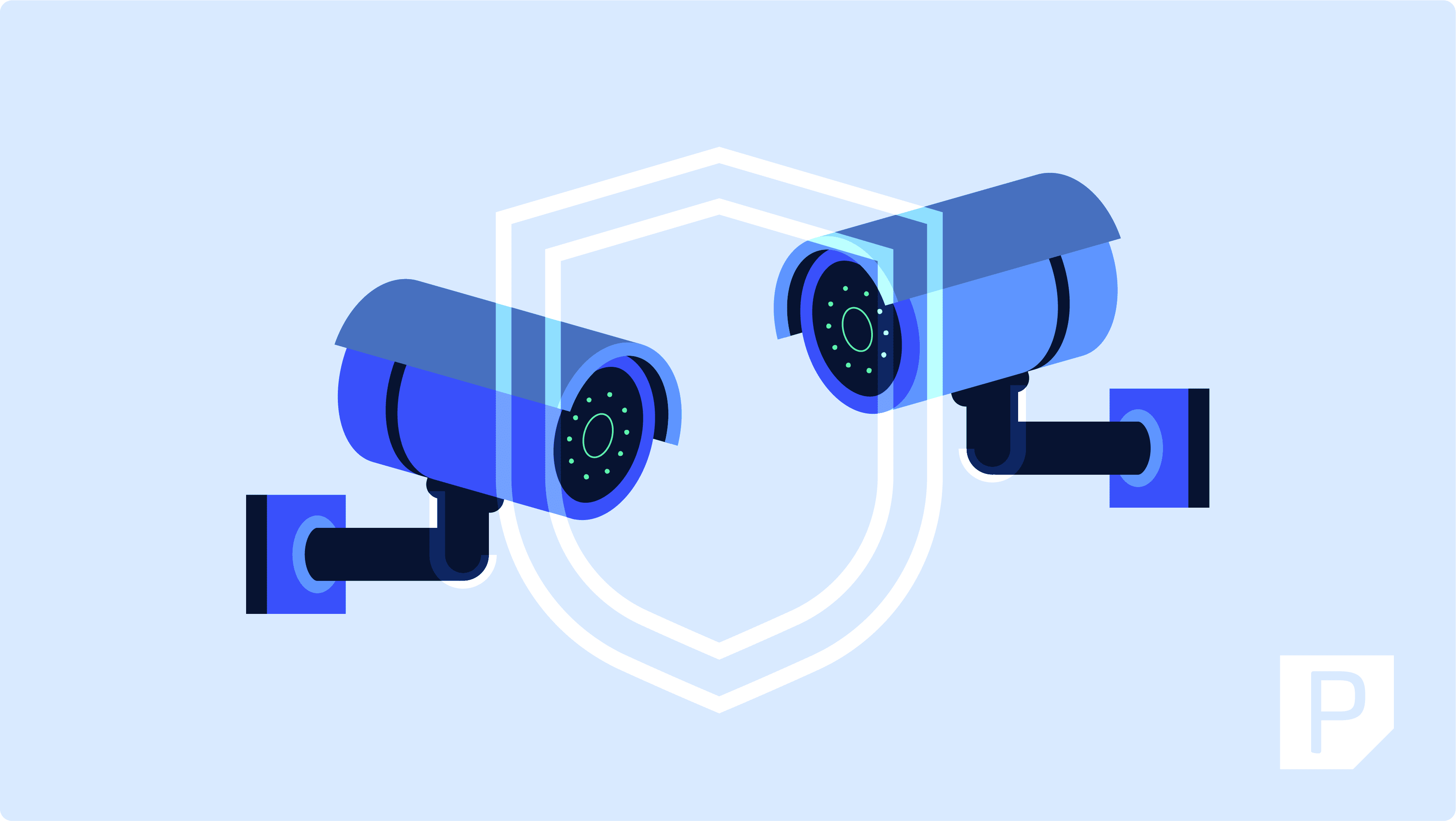 Graphic showing two cameras pointed toward one another with the outline of a shield in the center. Pressable's logo is in the bottom right corner.